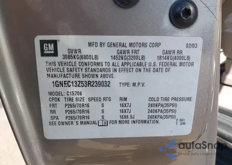 2003 Chevrolet Tahoe Lt z USA, uszkodzony, nr VIN 1GNEC13Z53R239032